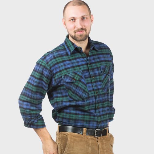 Mens Flannel Button Down Shirt Black Watch Blue Green Sleeves