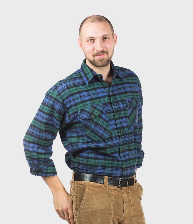 Mens Flannel Button Down Shirt Black Watch Blue Green Sleeves