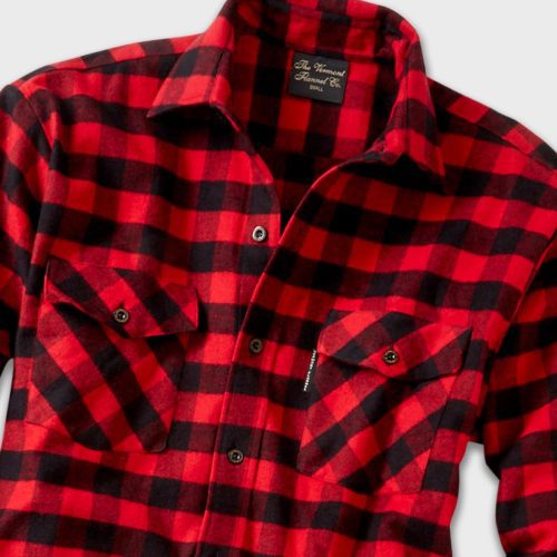 Mens Flannel Button Down Shirt Red Black Check Closeup