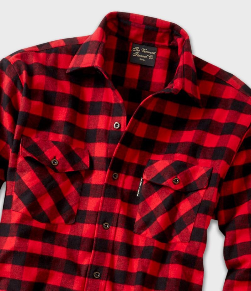 Mens Flannel Button Down Shirt Red Black Check Closeup